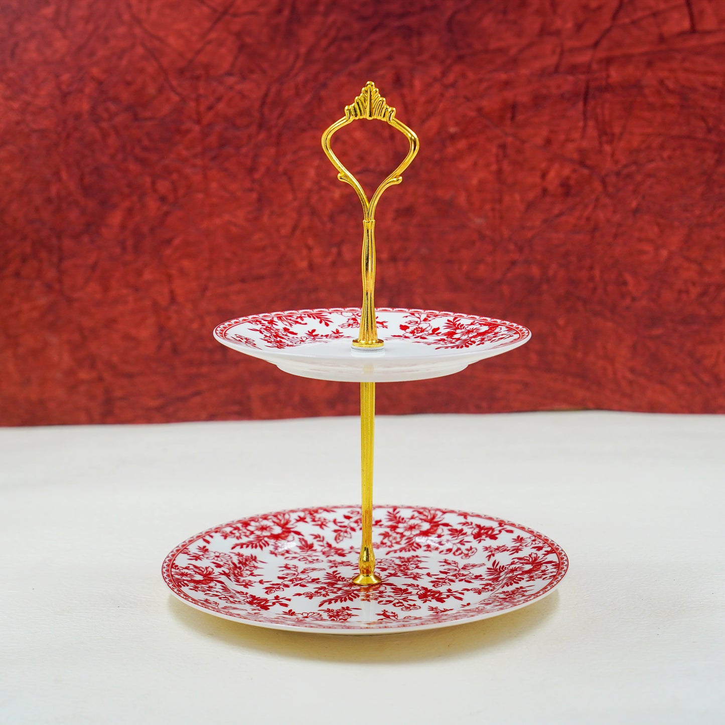 2-Tier Dessert Stand – Floral Ceramic with Gold Handle