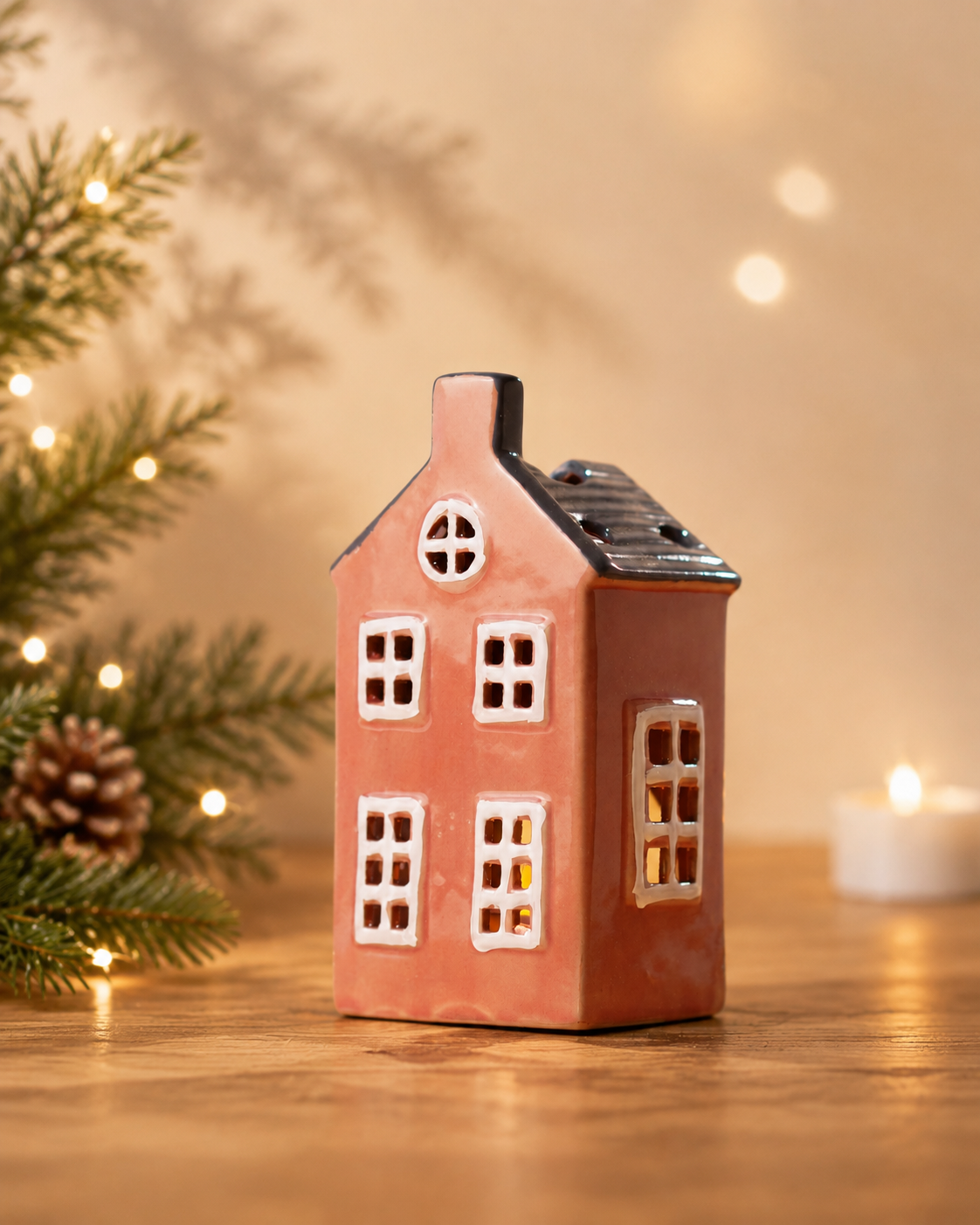 THD576b Pink Ceramic House Tealight Holder