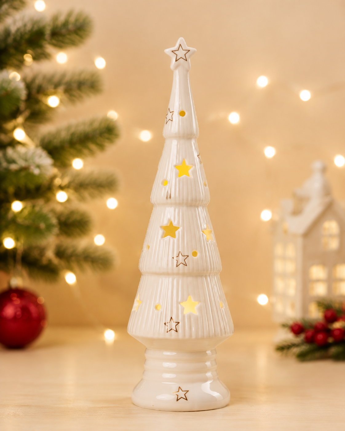 THD266 White Ceramic Christmas Tree Decor with Star Design