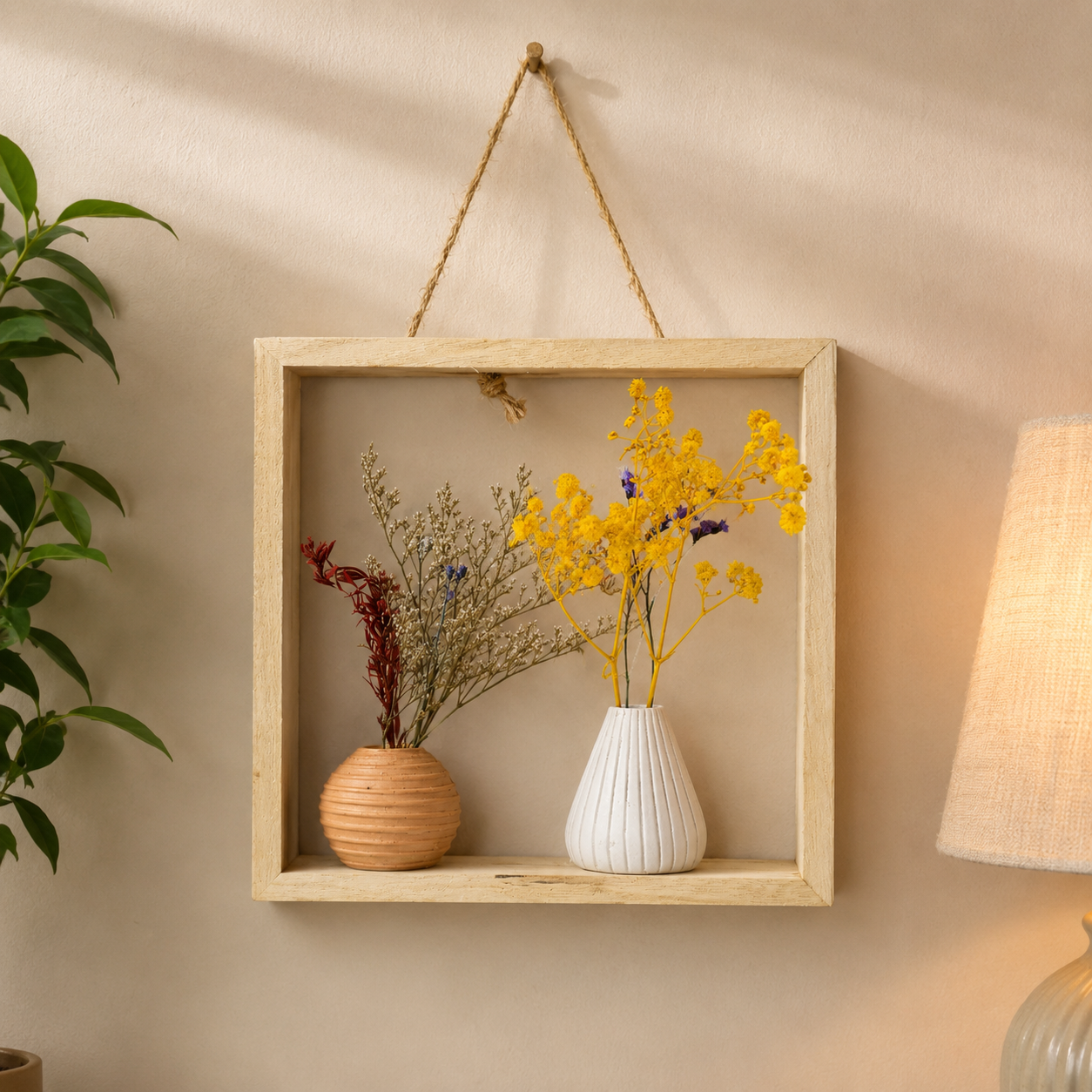 THD088 Wooden Wall Frame with Mini Vase Set – Dried Flower Décor
