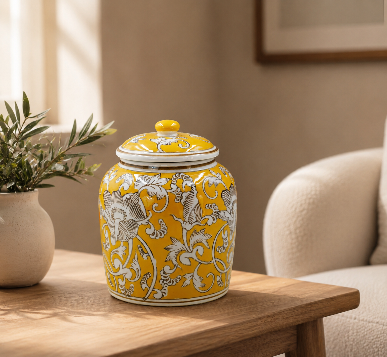 THD073 Ceramic Storage Jar with Lid – Yellow Floral Design