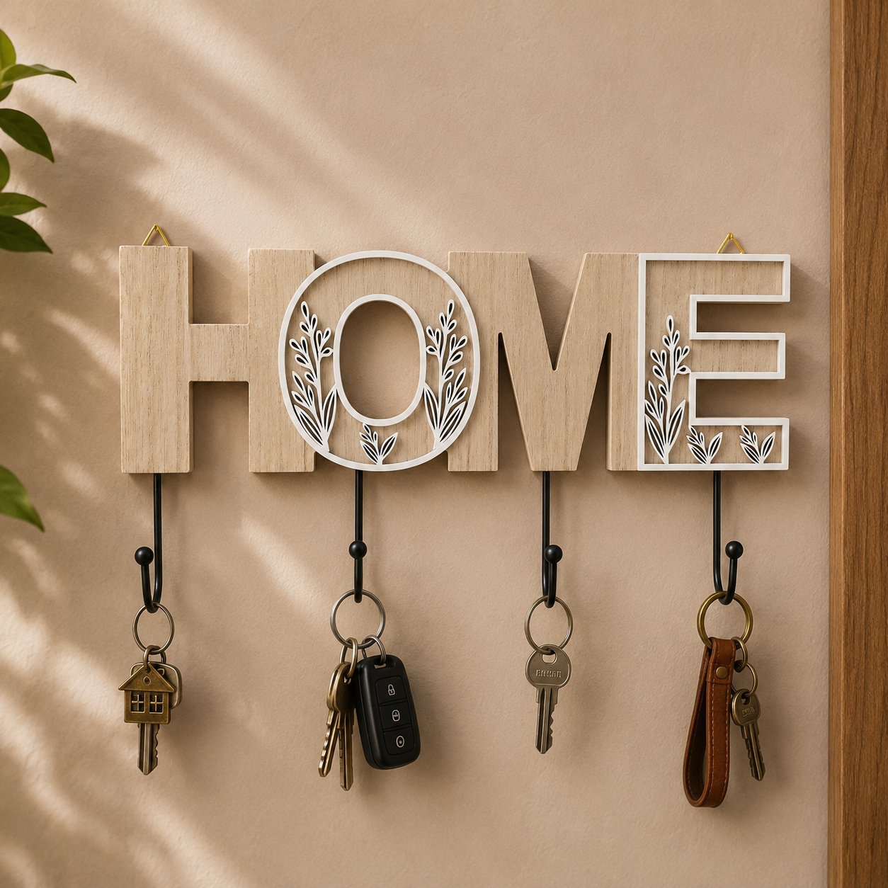 THD098 Wooden “HOME” Wall Hook Rack – Decorative Key & Utility Holder
