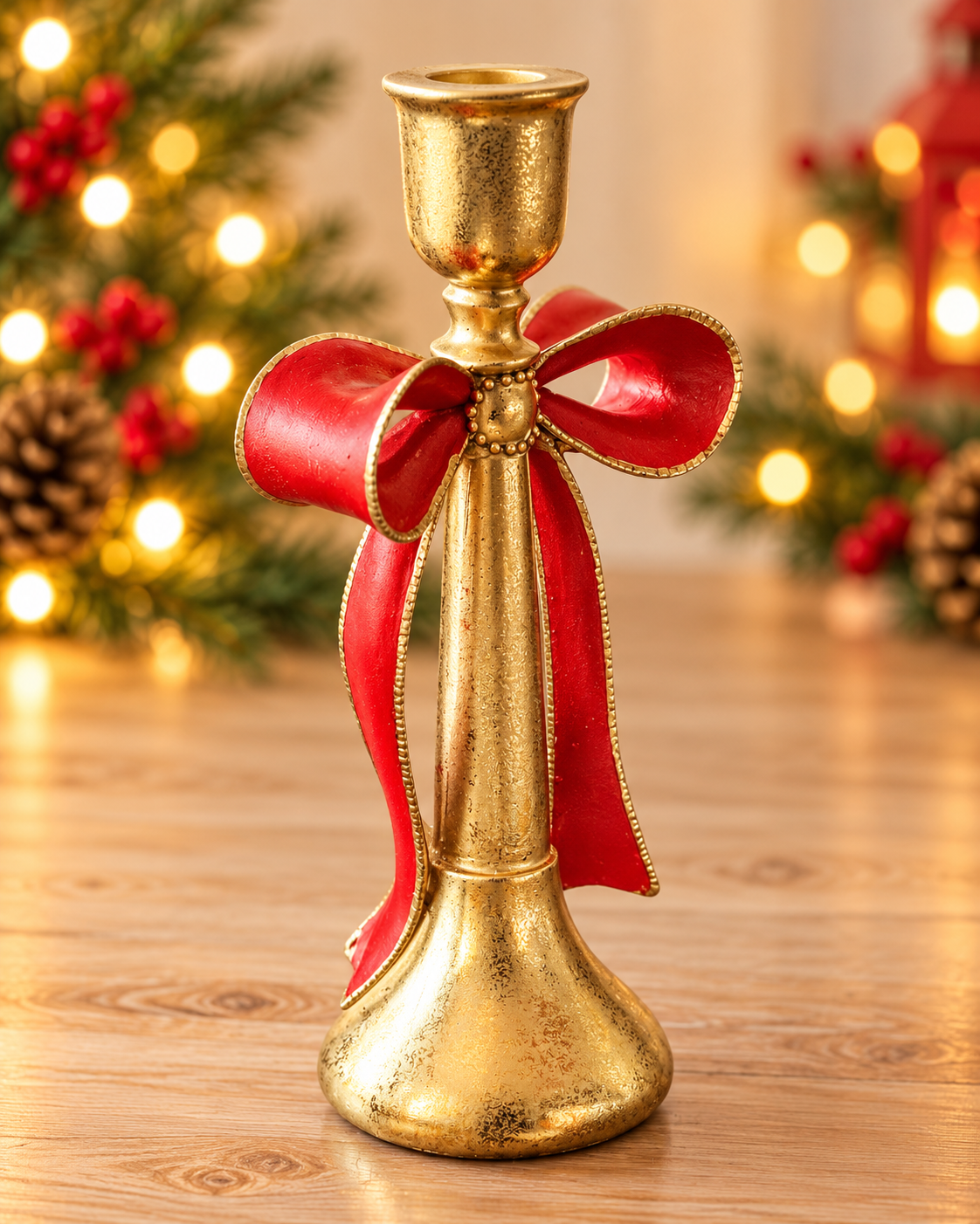 THD829 Gold & Red Bow Resin Candle Stand