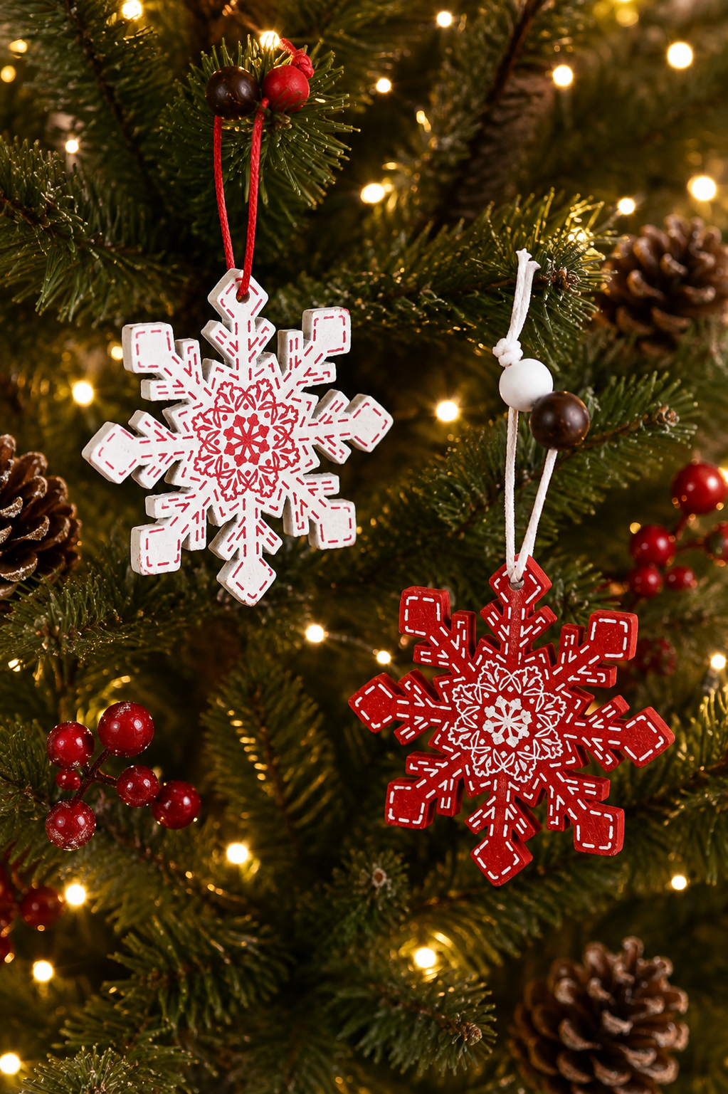 THD738 Red & White Snowflake Tree Ornament Set
