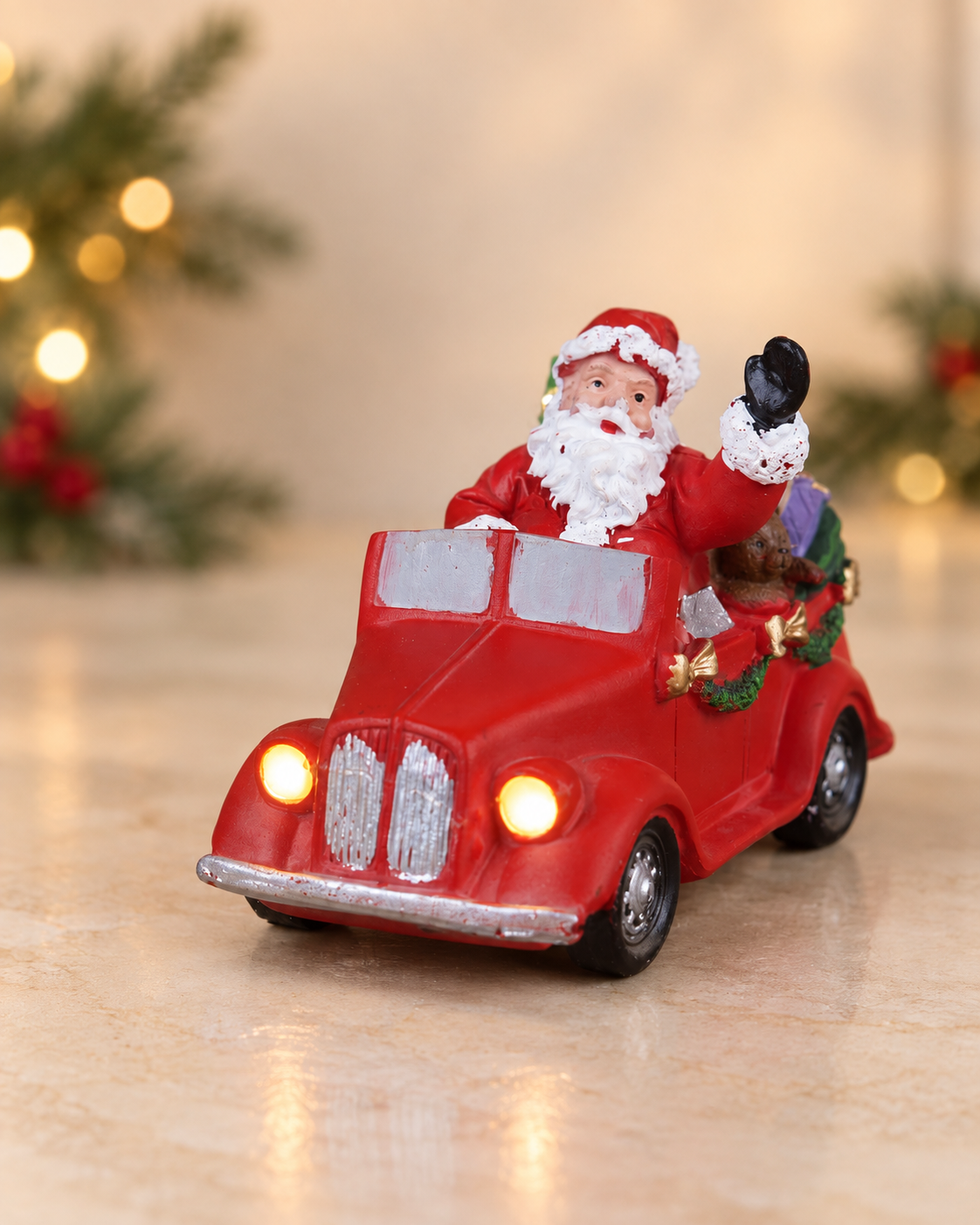 THD959 Premium Resin Santa Claus in Red Car Christmas Light-Up Decoration