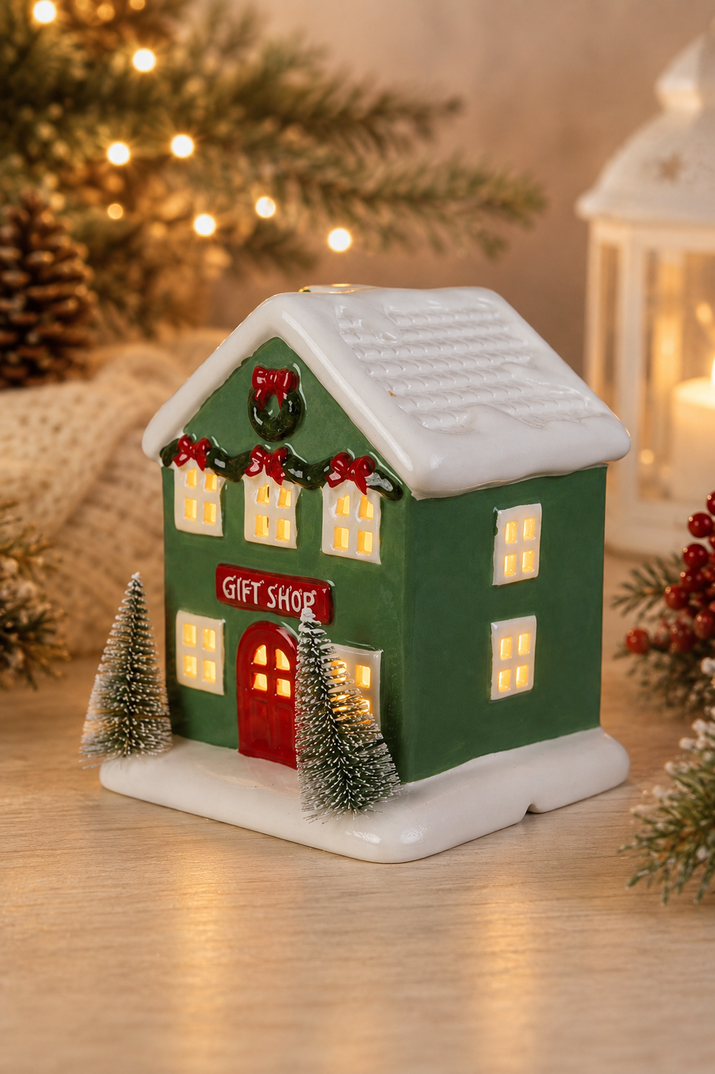 THD571d Green Christmas Gift Shop House with Light