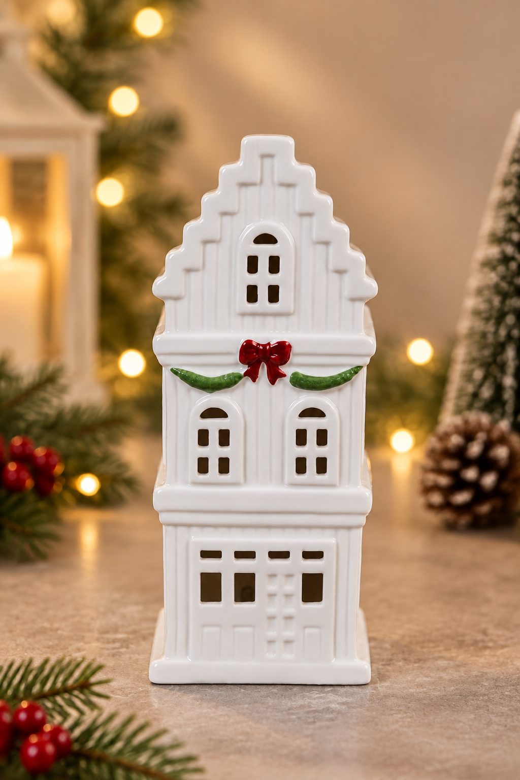 THD764 White Christmas Village House Table Top Decoration with Festive Bow Detail