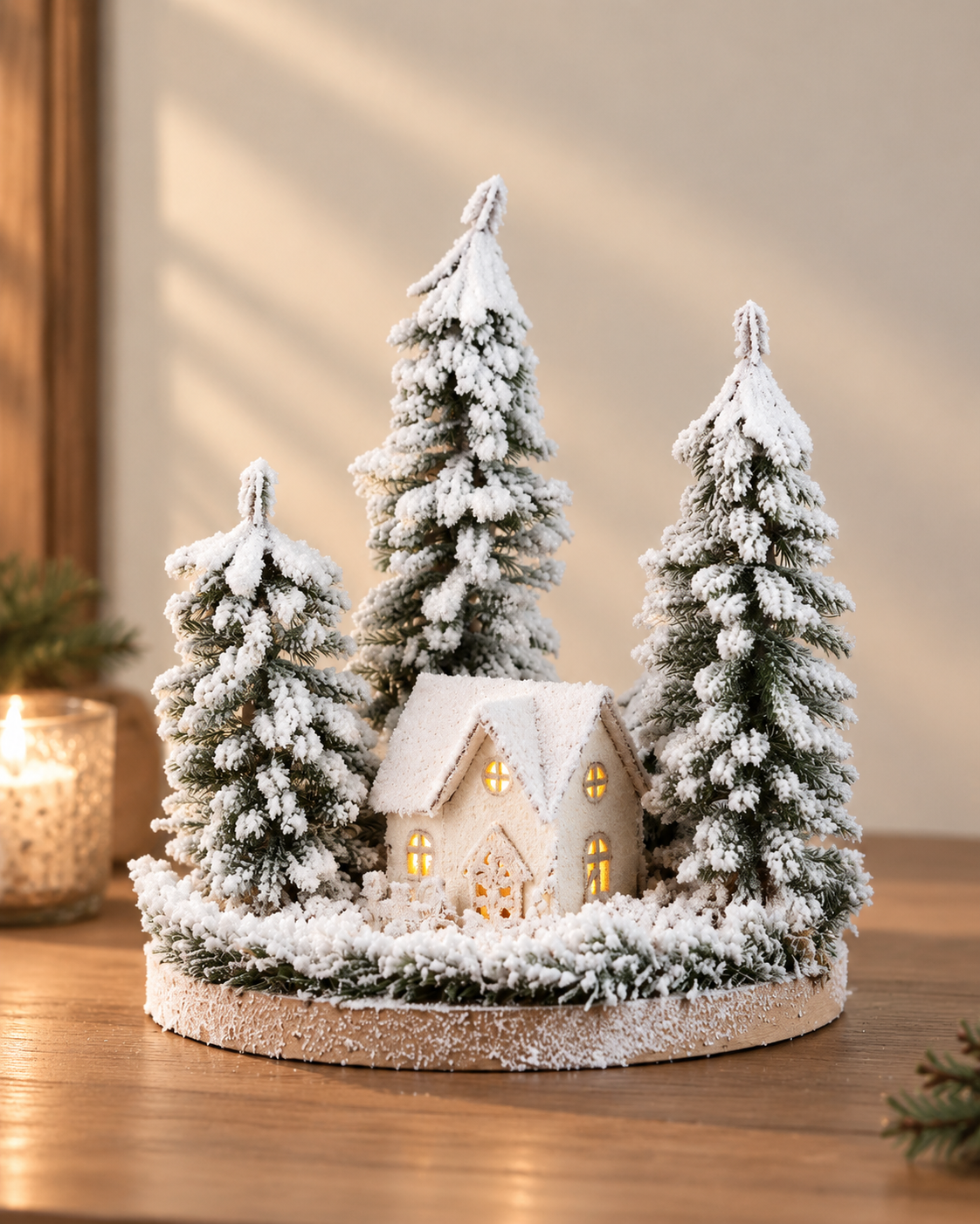 THD750 Lighted Snowy Christmas Village Table Top Decoration with Pine Trees