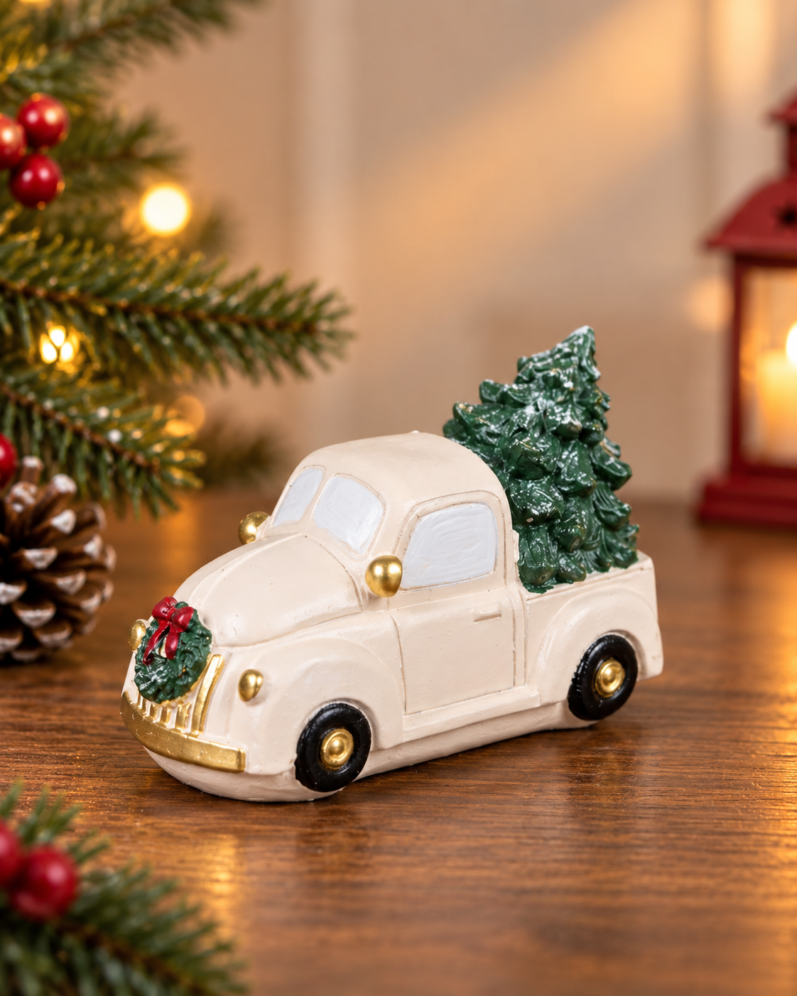 THD938 Vintage White Christmas Pickup Truck with Tree