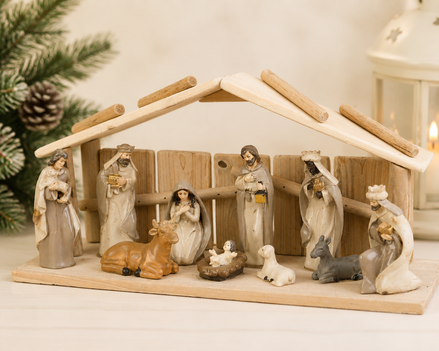 THD1062 Ceramic Nativity Crib Set with Wooden Base