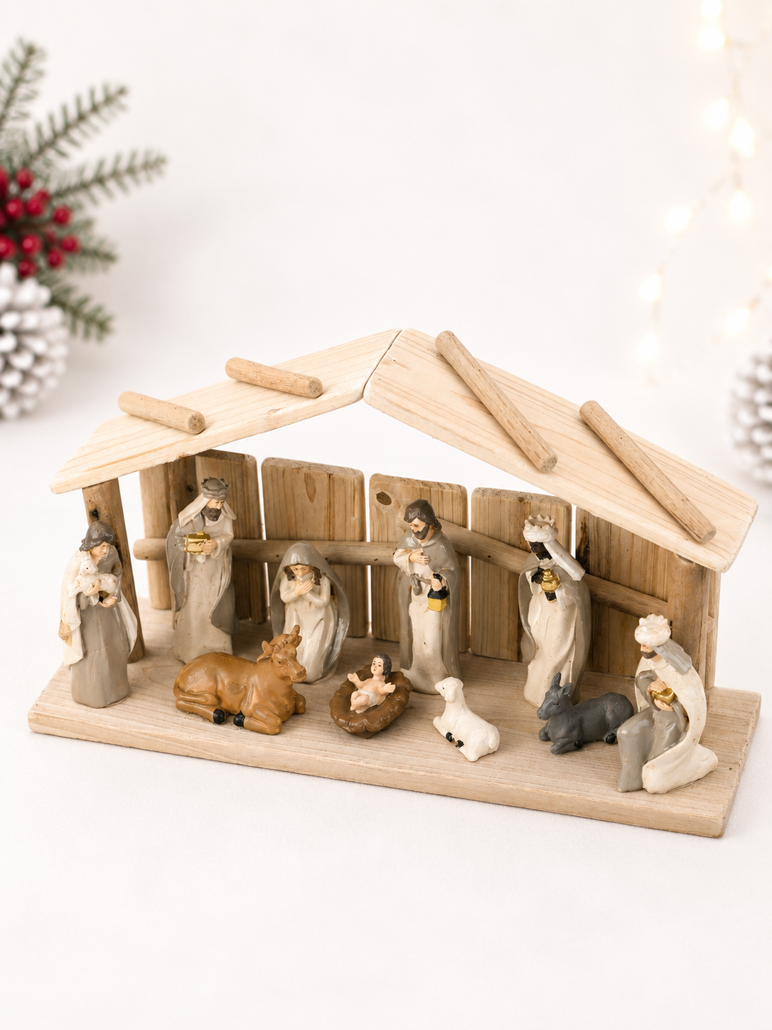 THD1062 Ceramic Nativity Crib Set with Wooden Base