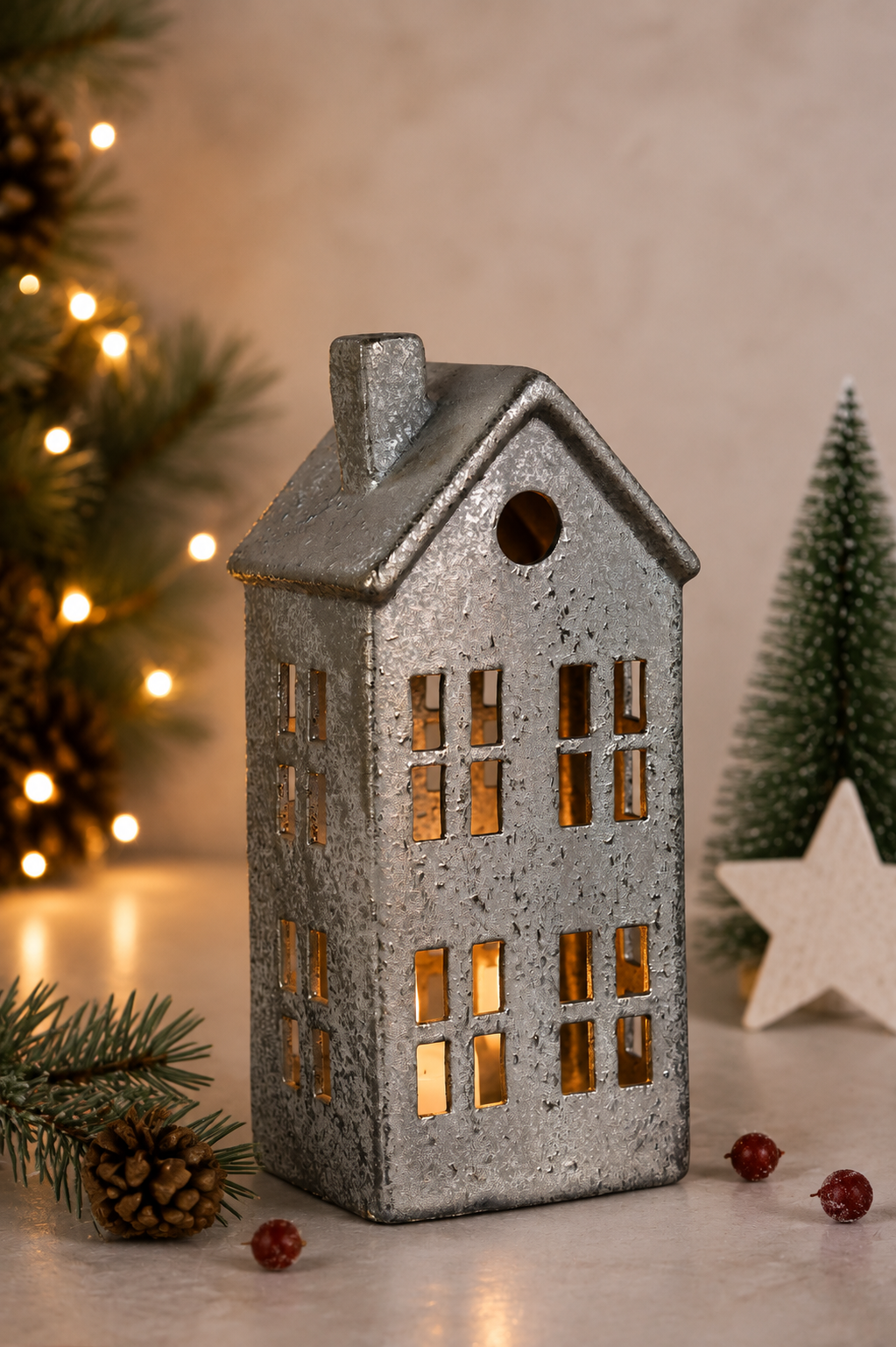 THD518 Golden Textured Ceramic Christmas House with Light