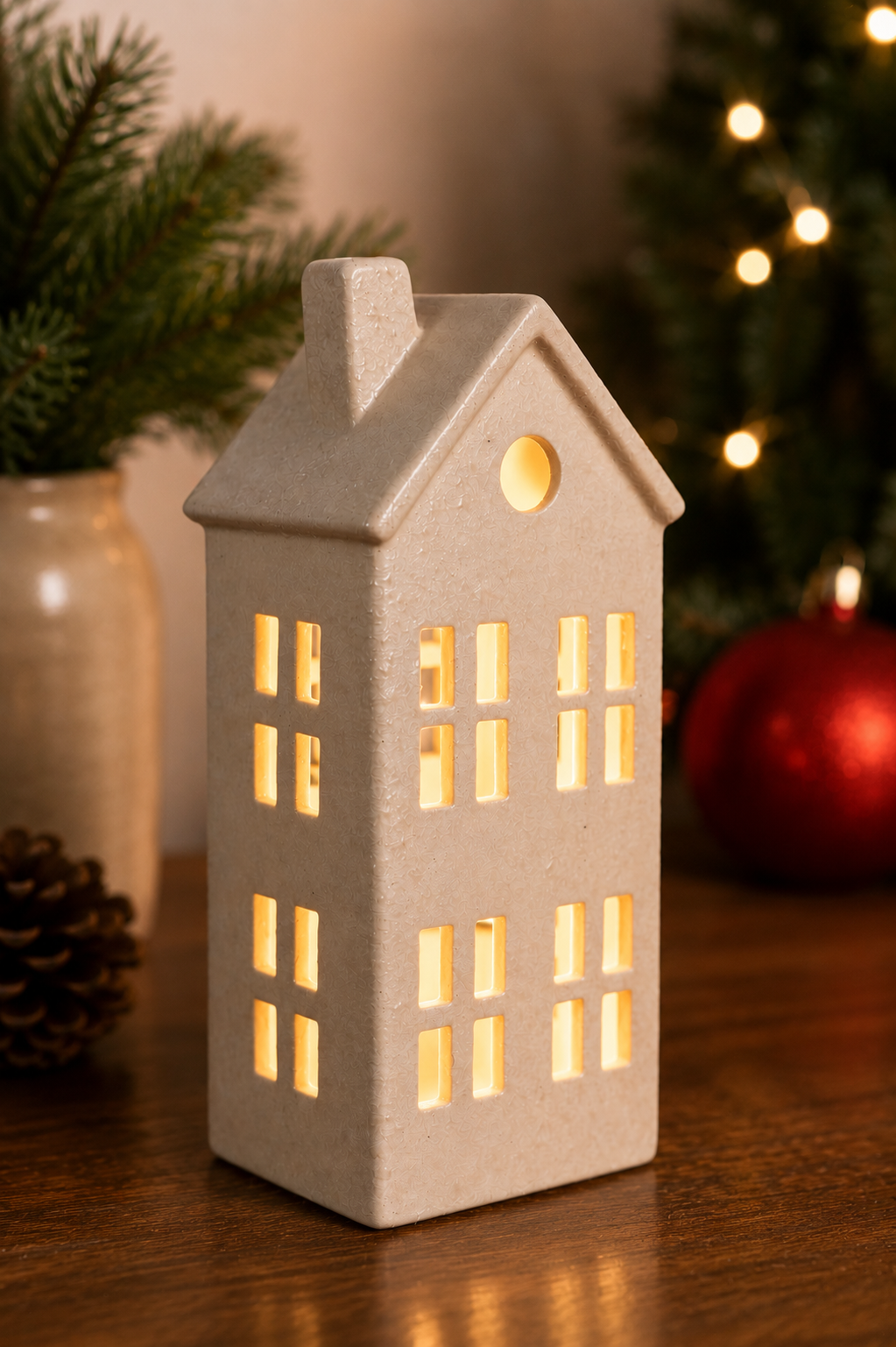 THD518 Cream Textured Ceramic Christmas House with Built-In Light