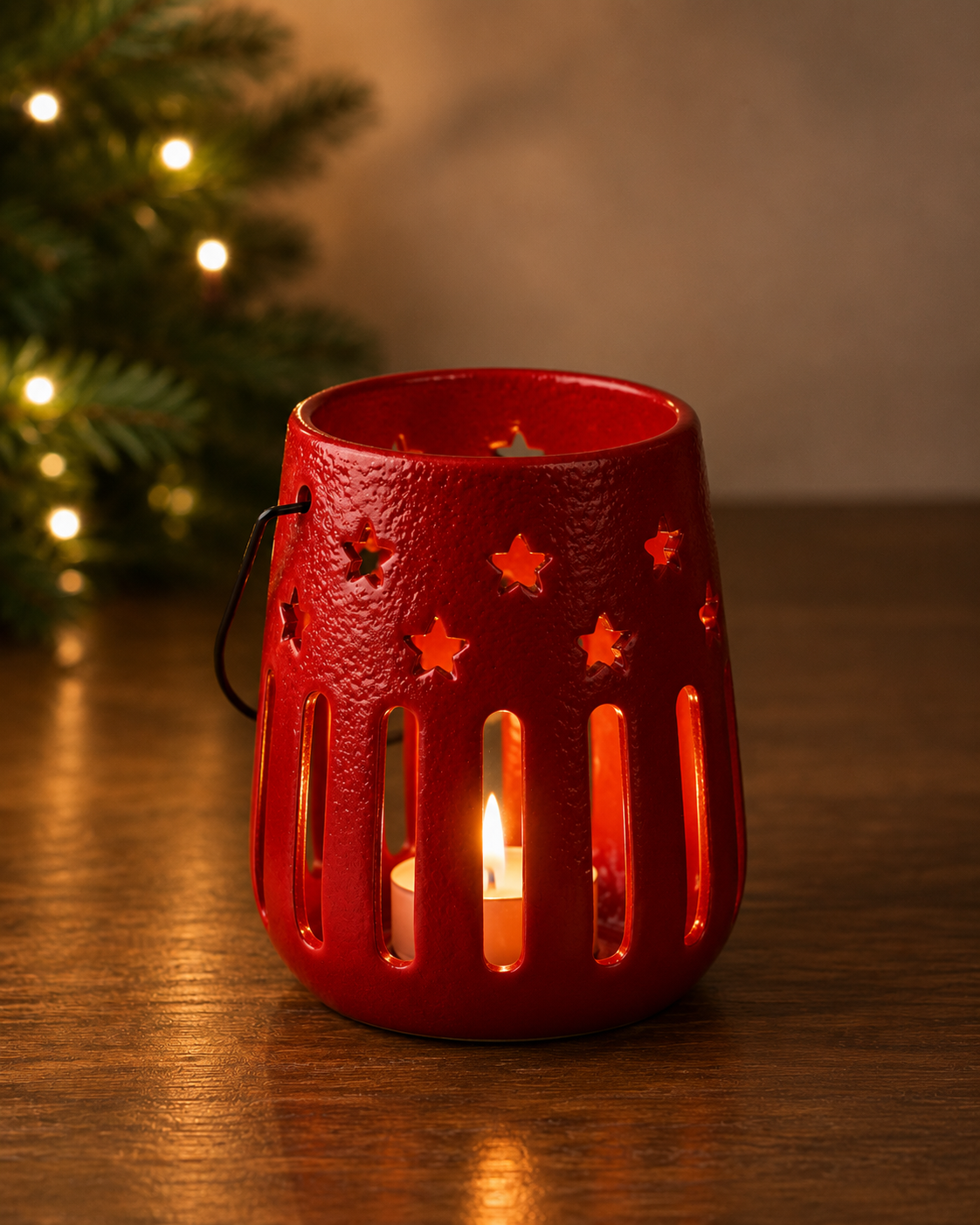 THD554 Red Ceramic Lantern with Metal Handle