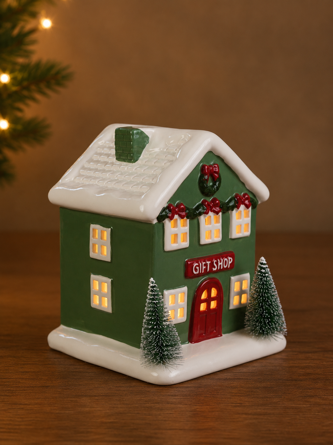 THD571d Green Christmas Gift Shop House with Light