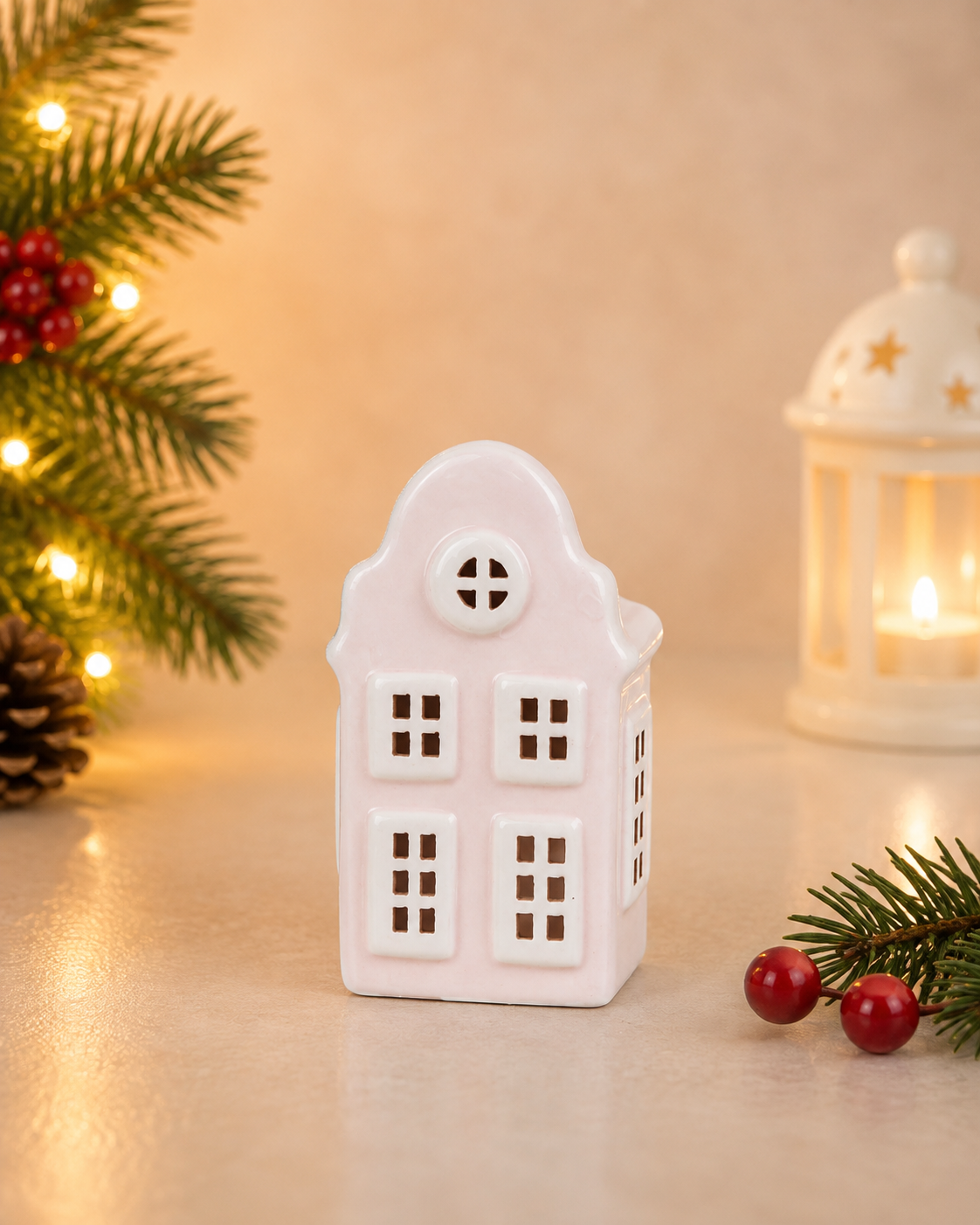 THD578 Peach Ceramic Christmas House with Light