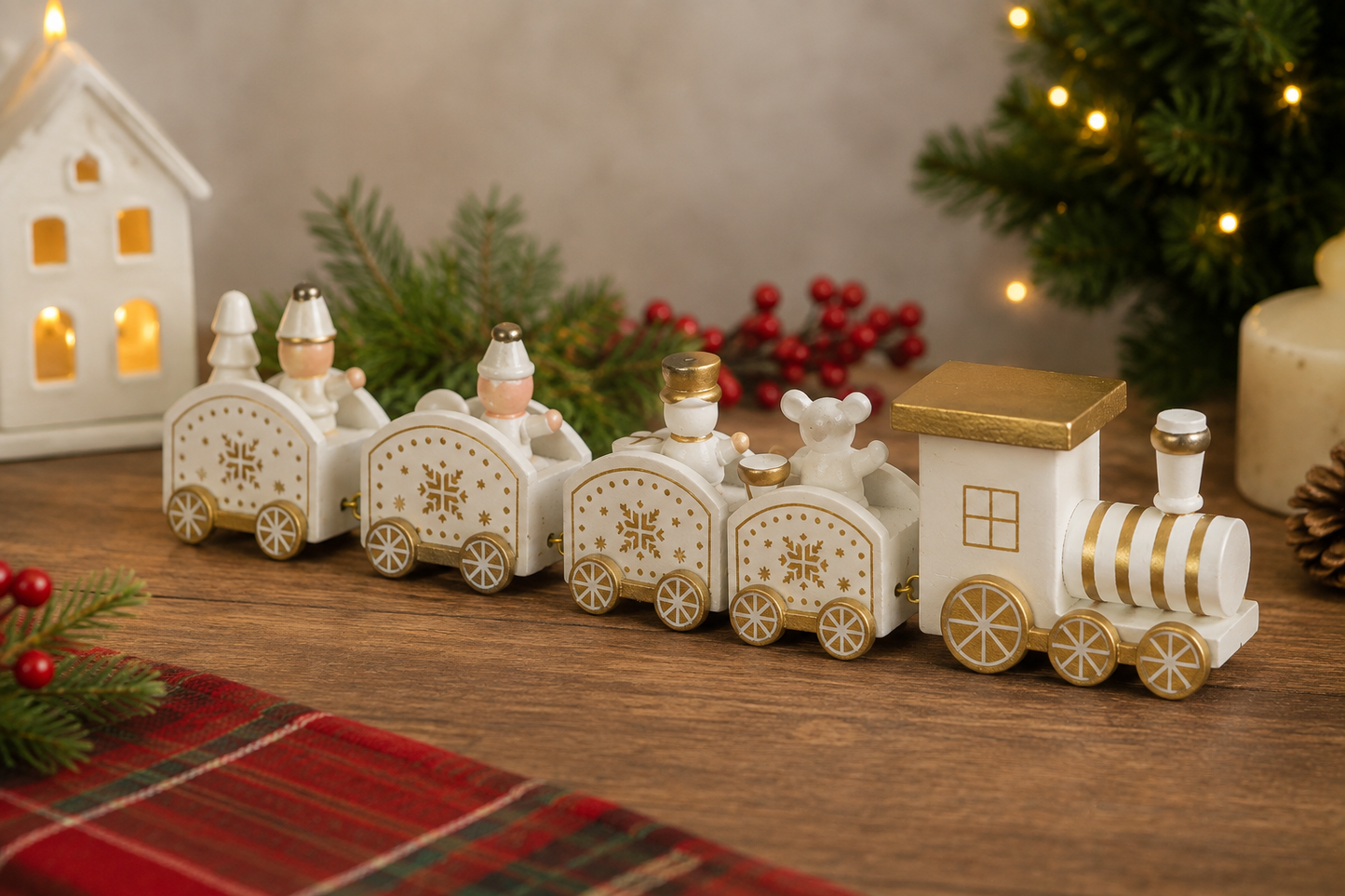 THD739 Golden & White Wooden Christmas Train