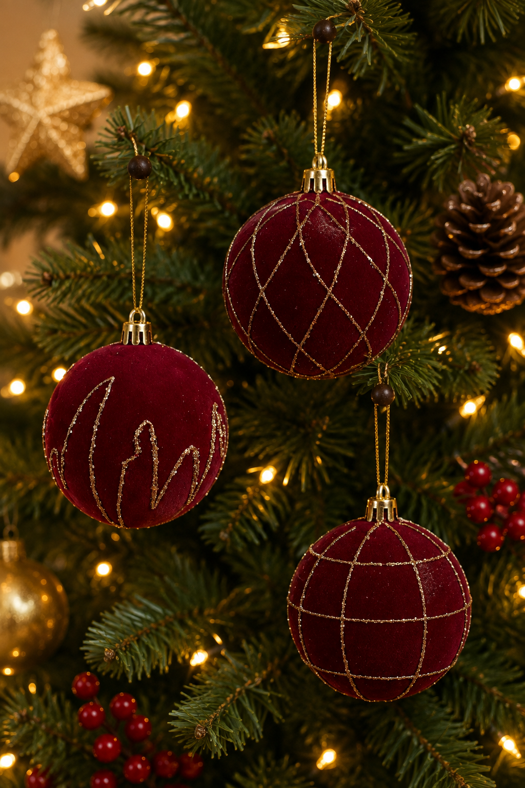 THD745 Velvet Burgundy Christmas Ornaments – Set of 9