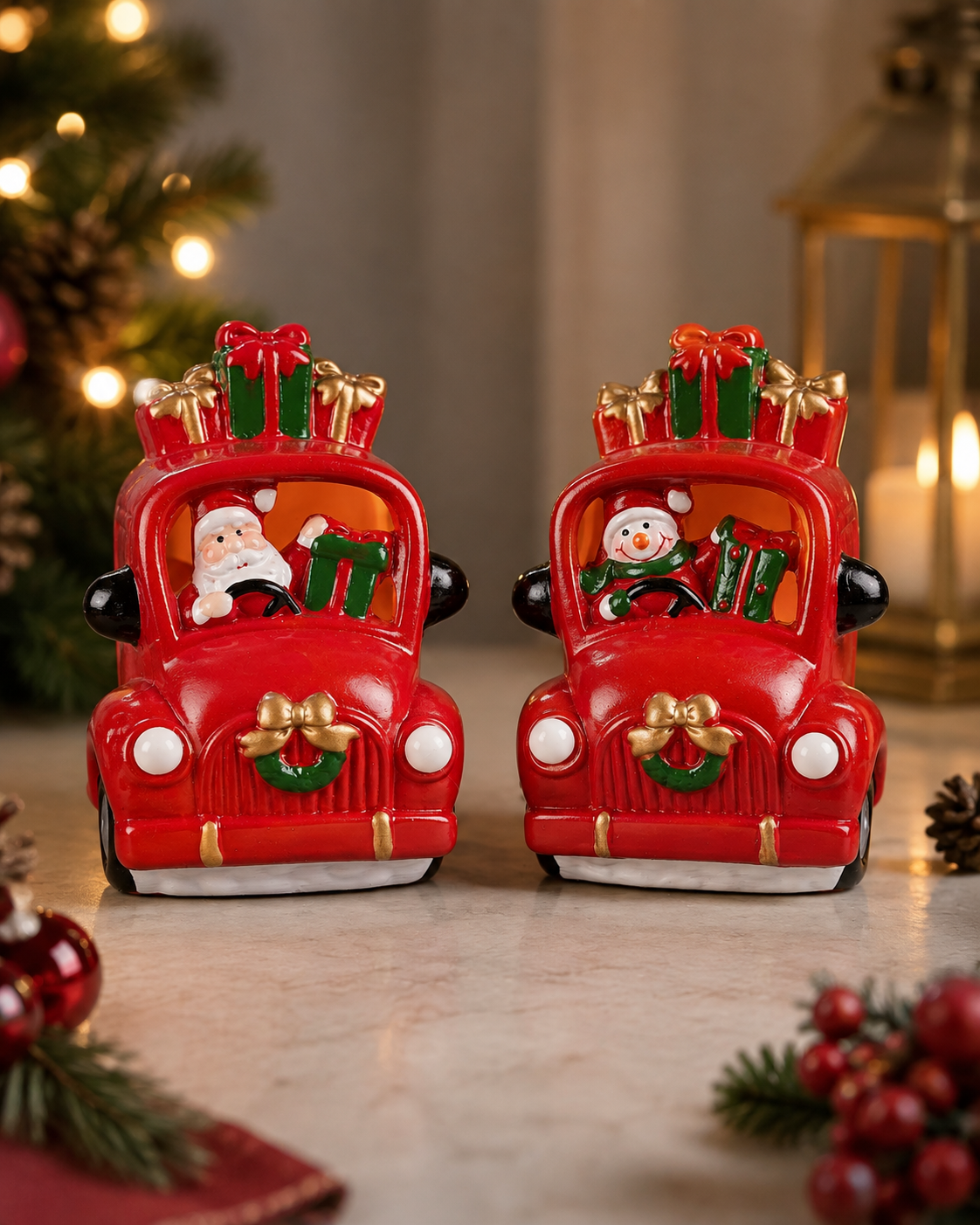 THD763 Festive Santa & Snowman Car Figurines
