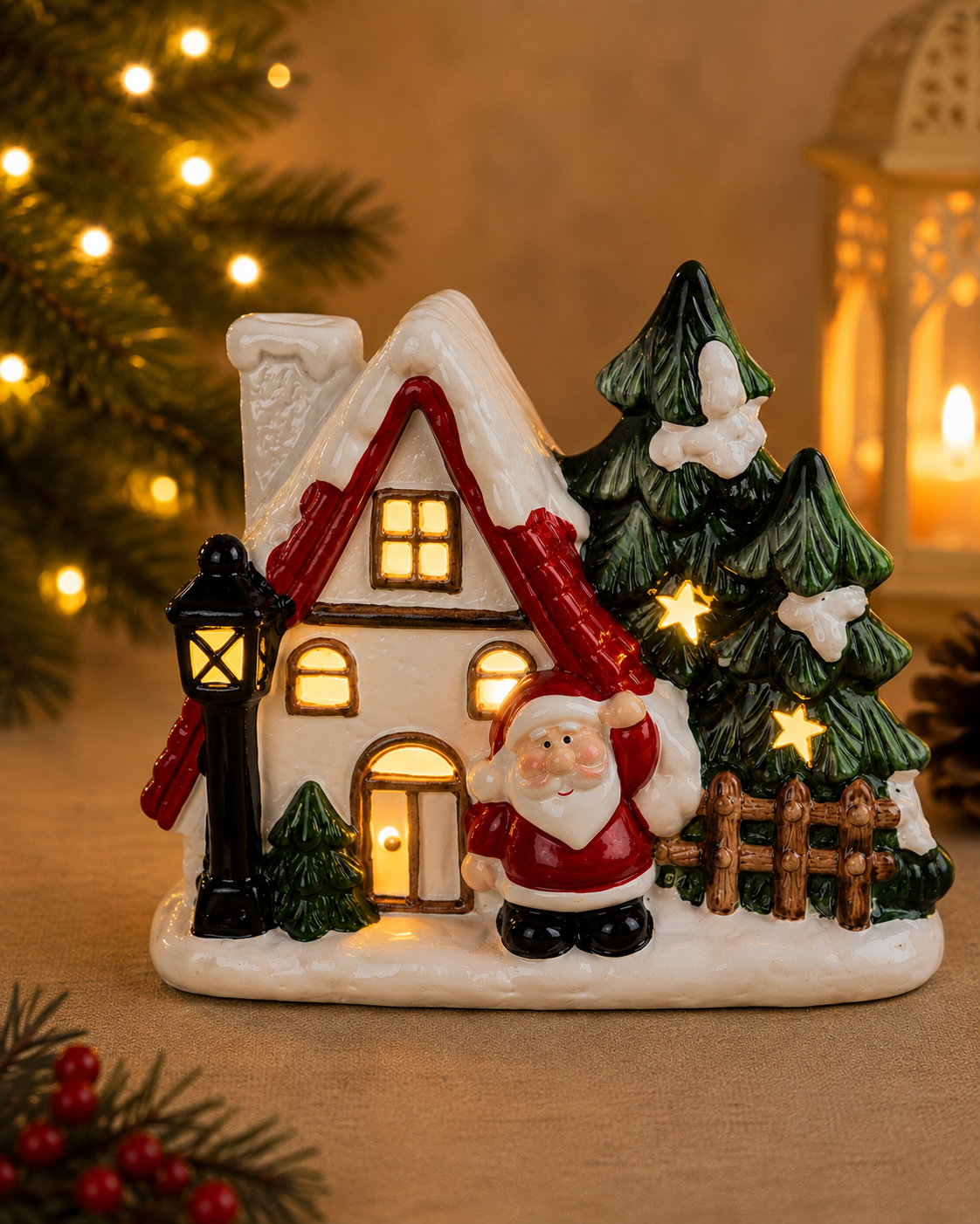 THD799 Light-Up Santa Christmas House with Tree