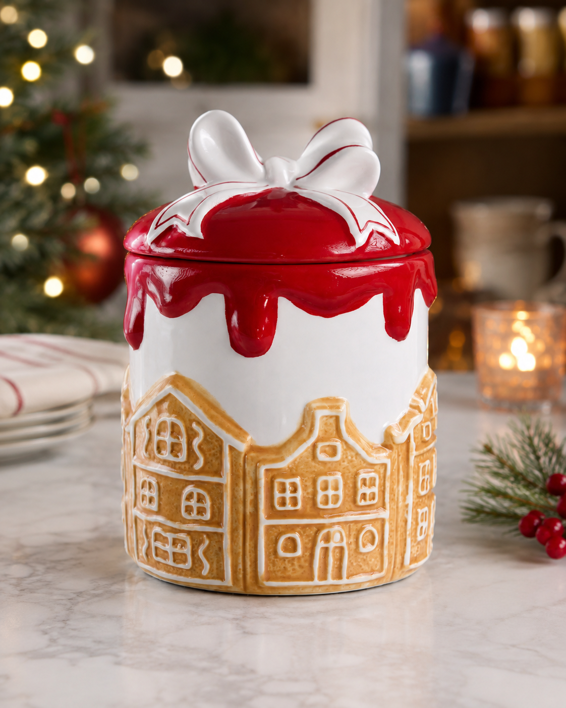 THD804 Festive Gingerbread House Cookie Jar with Bow Lid