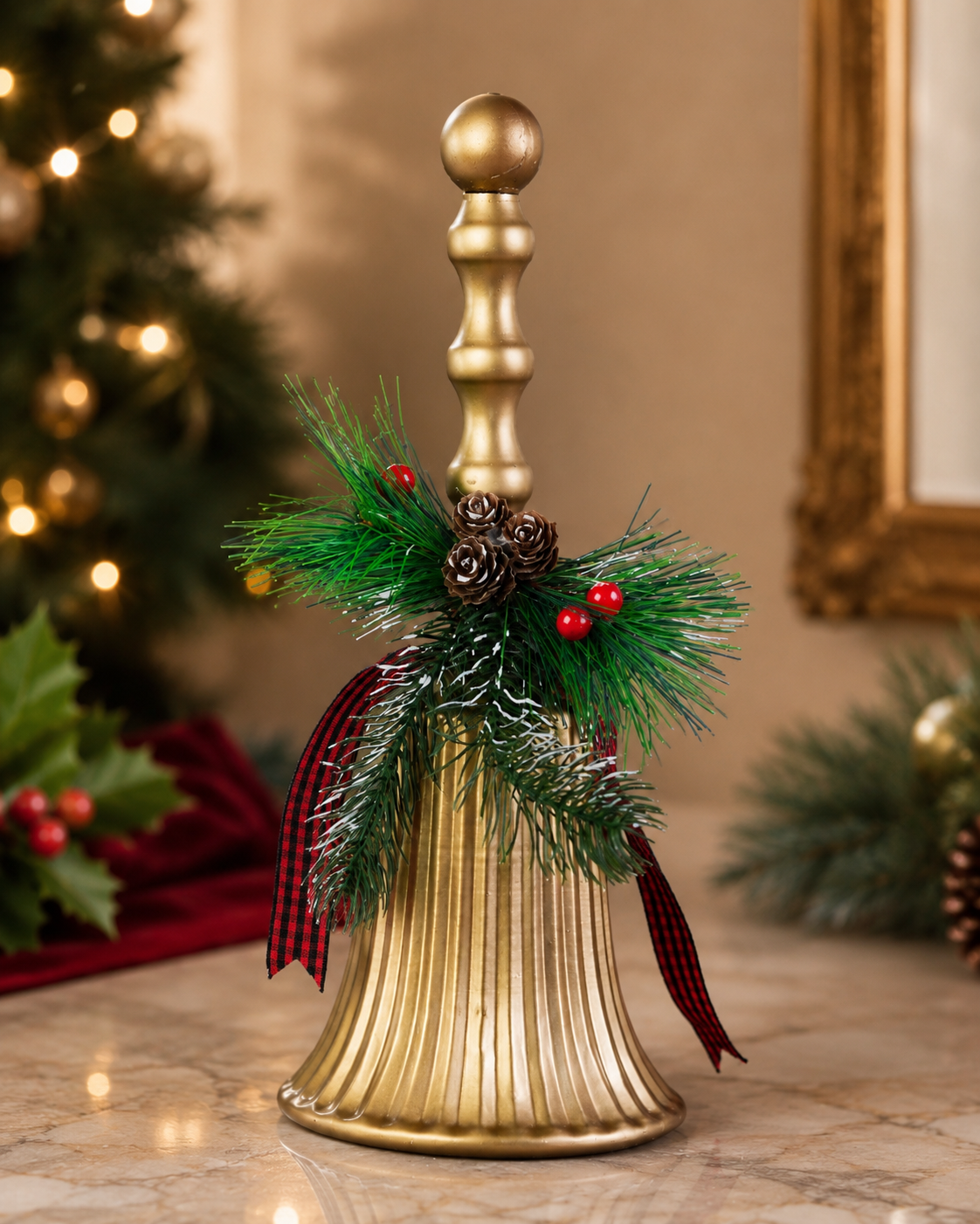 THD919 Festive Golden Metal Bell with Pine & Berries