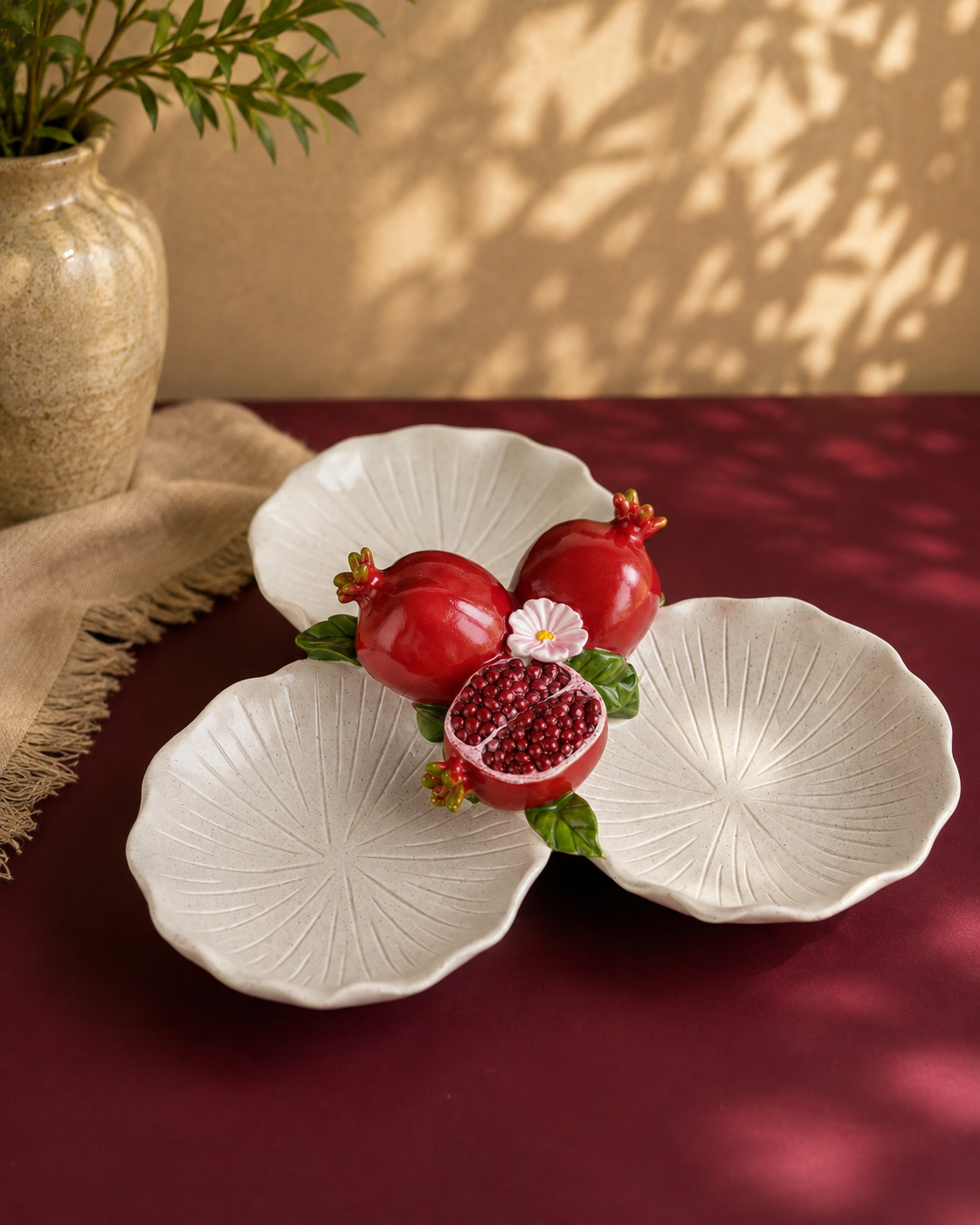 TT110 Pomegranate 3-Section Decorative Serving Platter & Multipurpose Holder