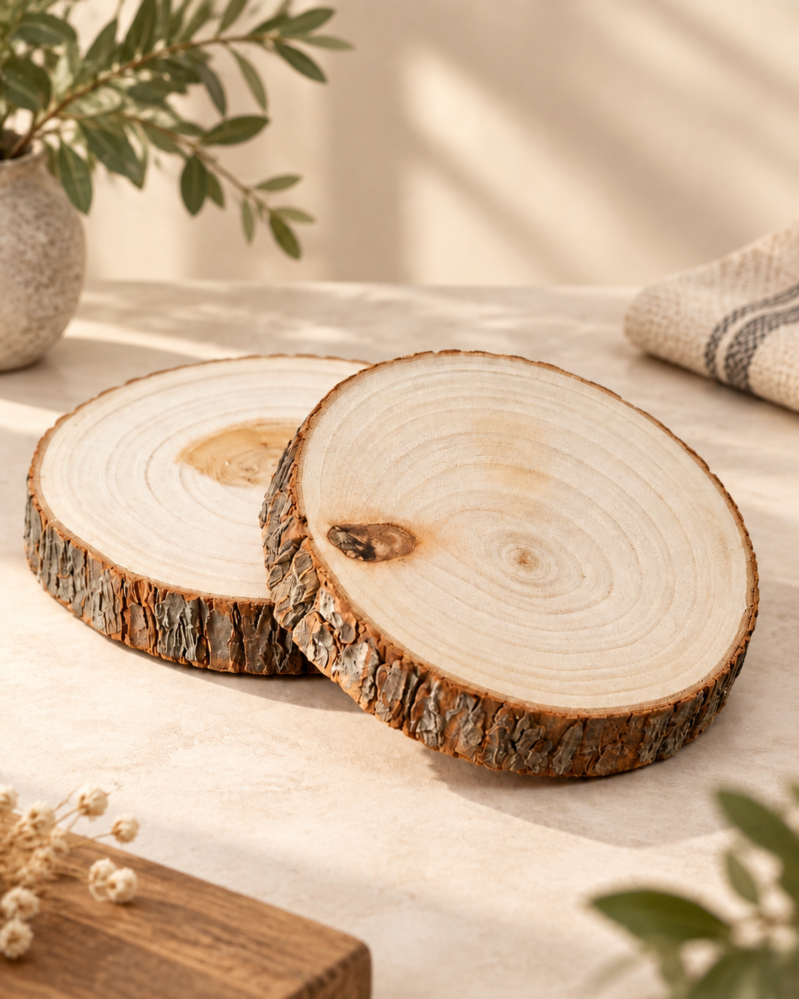 THD819 5" Natural Wooden Log Slice Coaster & Rustic Table Décor