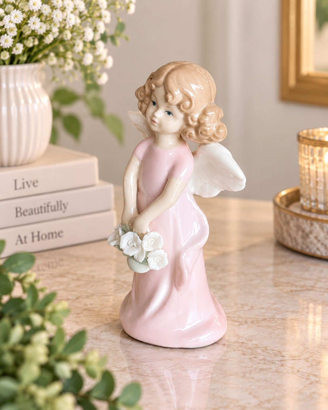 THD100 Elegant Angel Figurine with Flower Basket