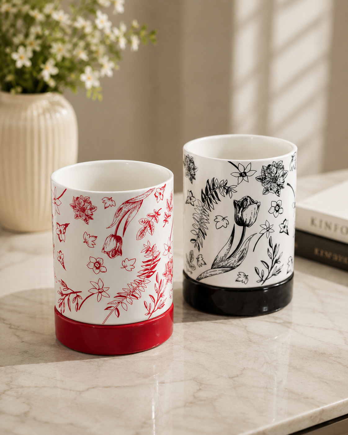 DD-103 Floral Ceramic Utensil Crock with Drainage Holes