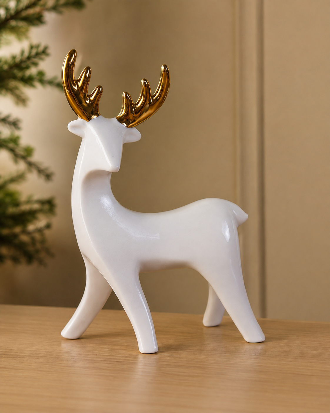 THD538 Glossy White Reindeer Figurine with Golden Antlers