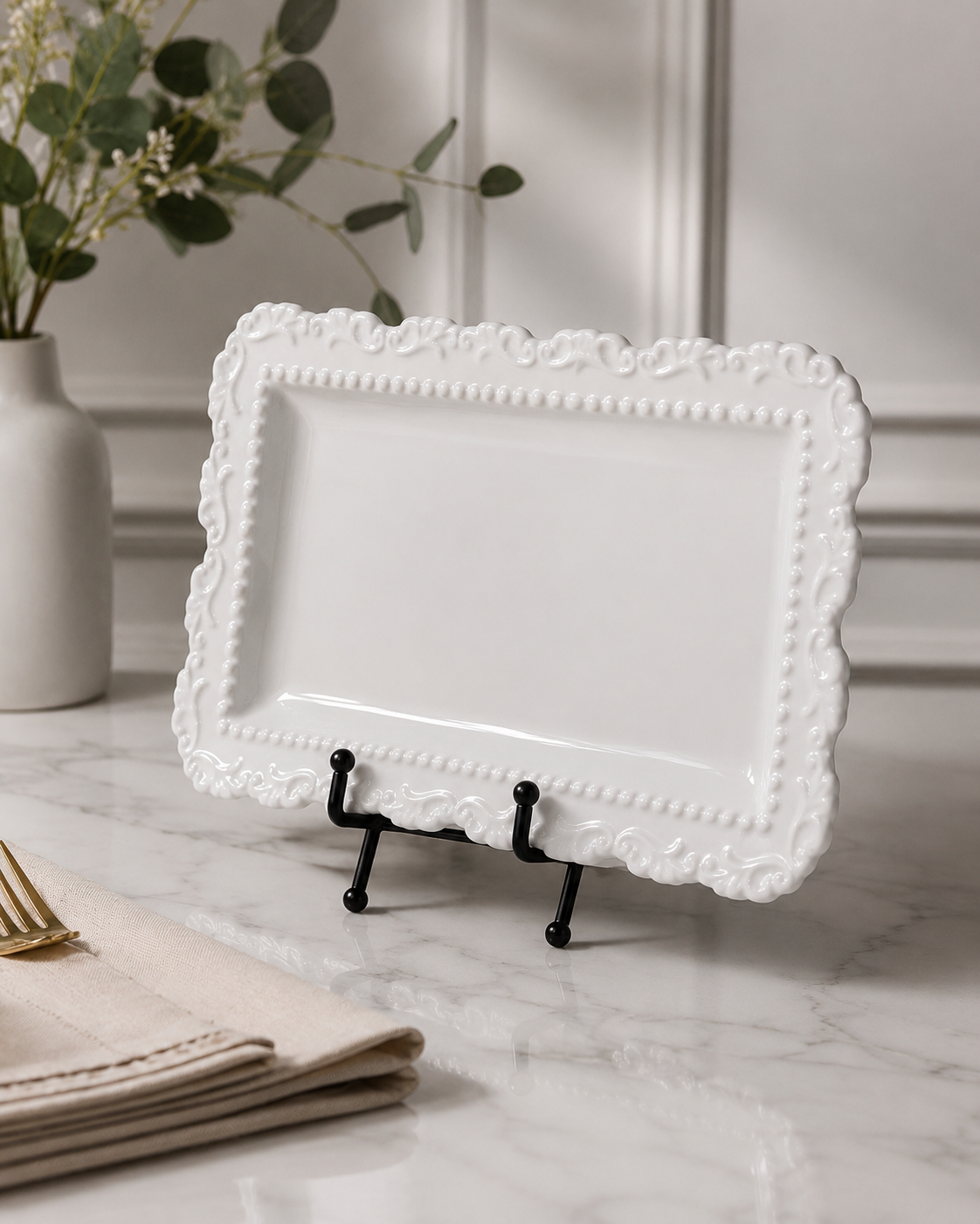 TT -084 Elegant White Ceramic Rectangular Serving Platter
