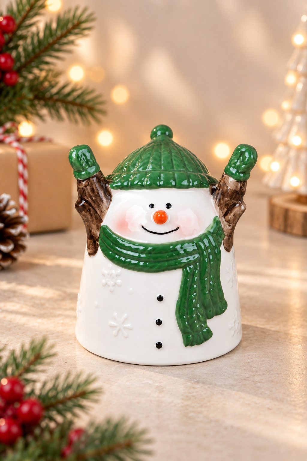 THD1032 Upside Down Snowman Christmas Mug with Green Hat & Scarf