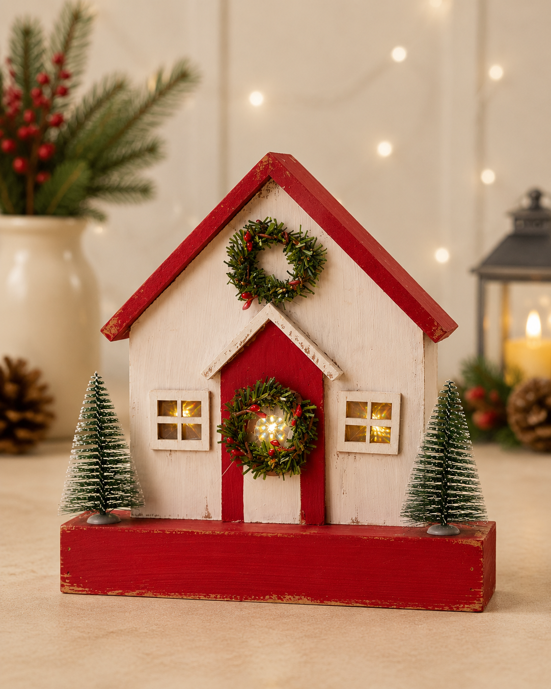 THD348 Wooden Christmas House Tabletop Decoration with Light & Wreaths