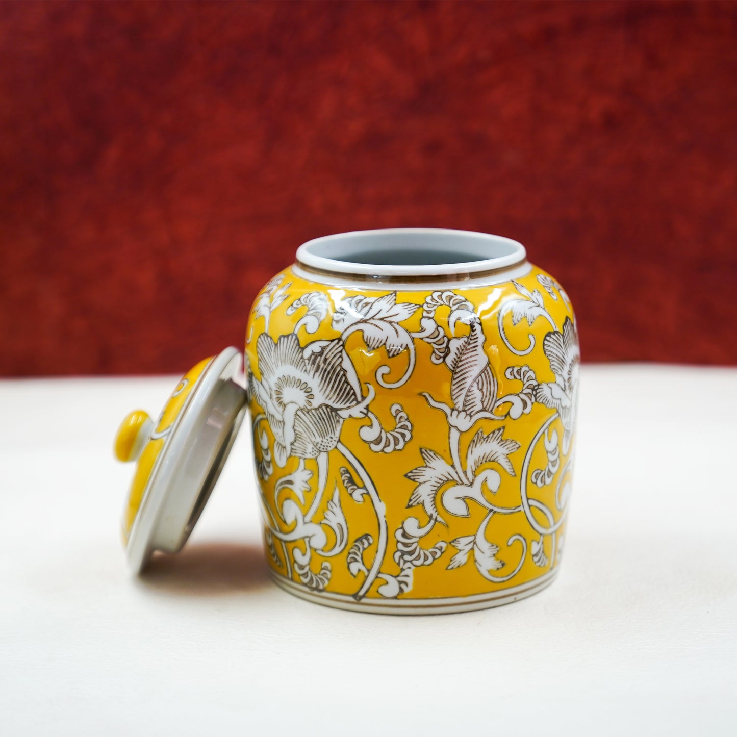 THD073 Ceramic Storage Jar with Lid – Yellow Floral Design