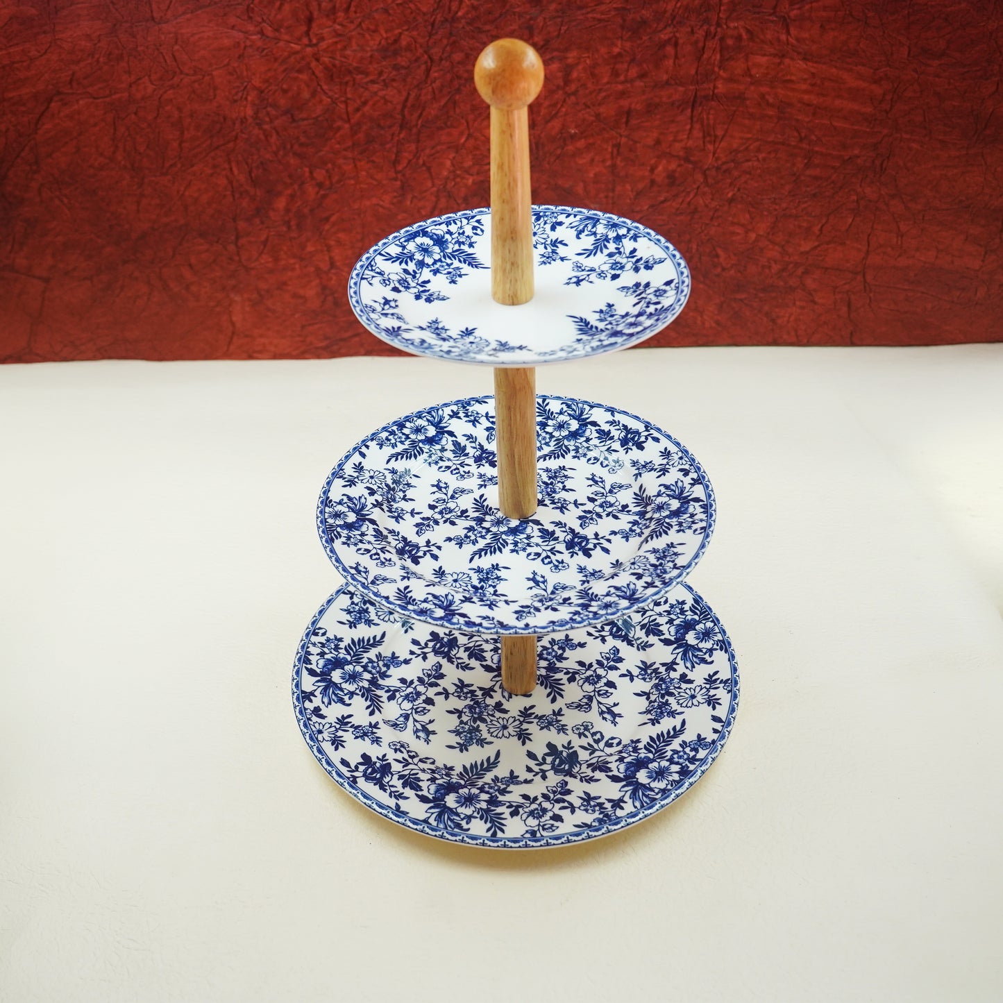 3-Tier Dessert Stand – Blue Floral Ceramic with Wooden Handle