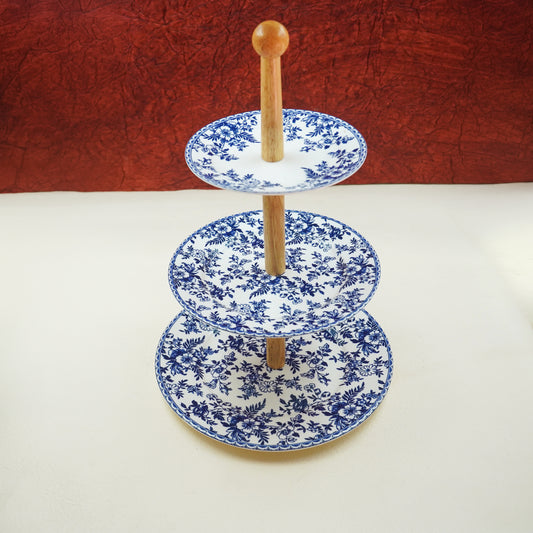 3-Tier Dessert Stand – Blue Floral Ceramic with Wooden Handle