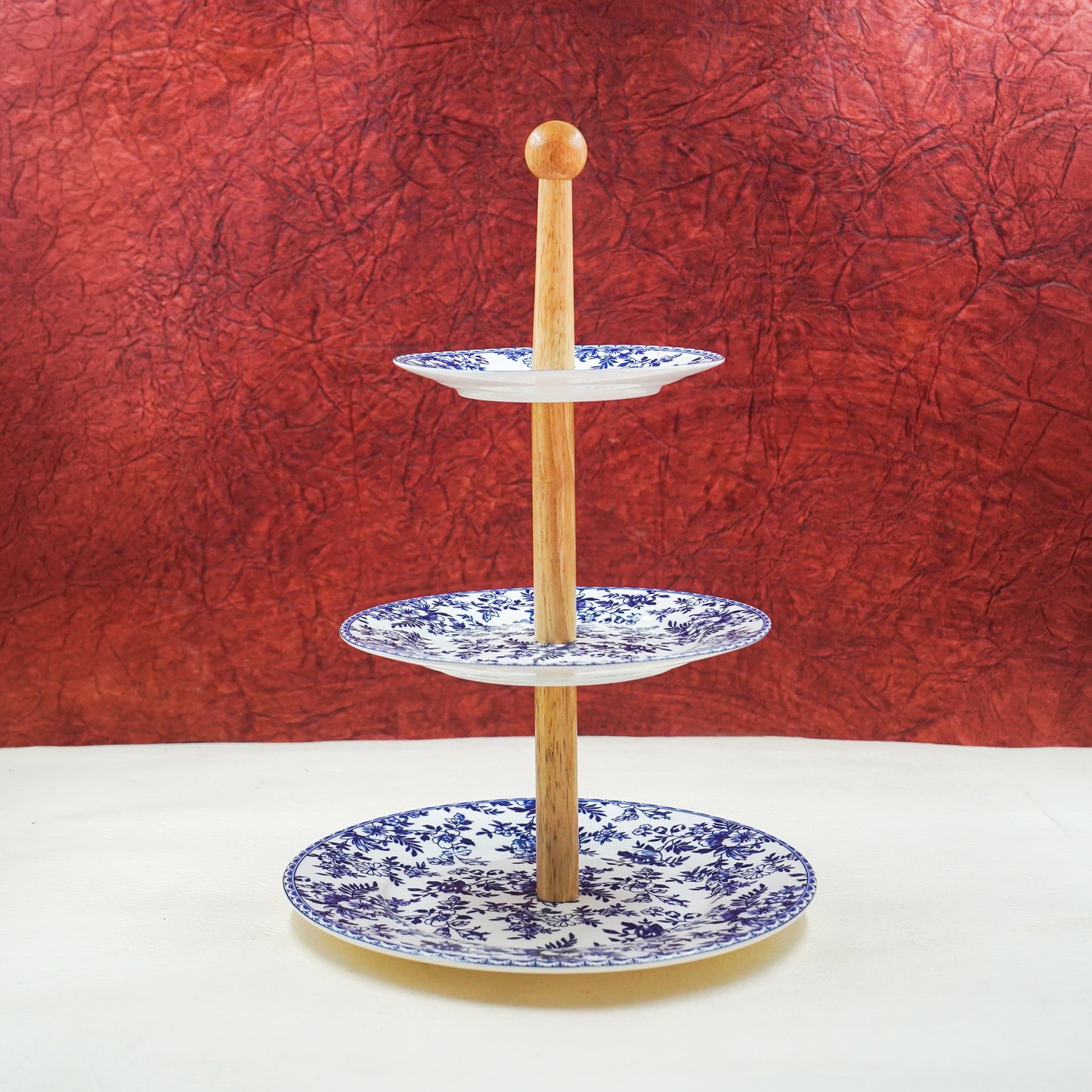 3-Tier Dessert Stand – Blue Floral Ceramic with Wooden Handle