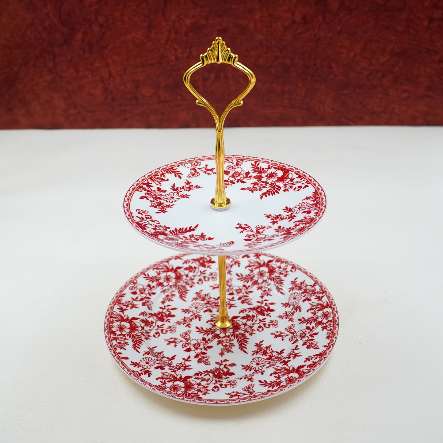 2-Tier Dessert Stand – Floral Ceramic with Gold Handle