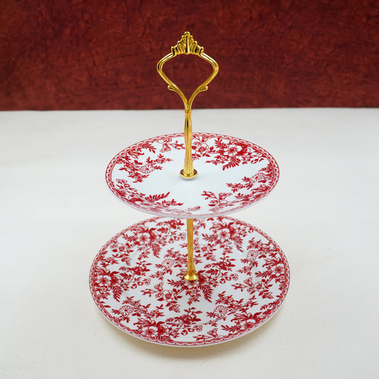 2-Tier Dessert Stand – Floral Ceramic with Gold Handle