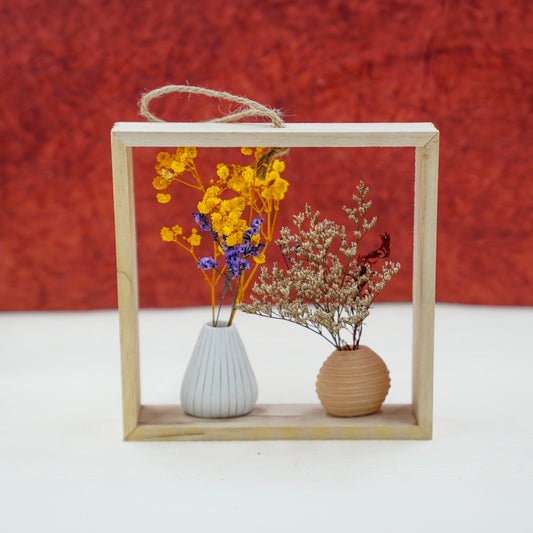 THD088 Wooden Wall Frame with Mini Vase Set – Dried Flower Décor