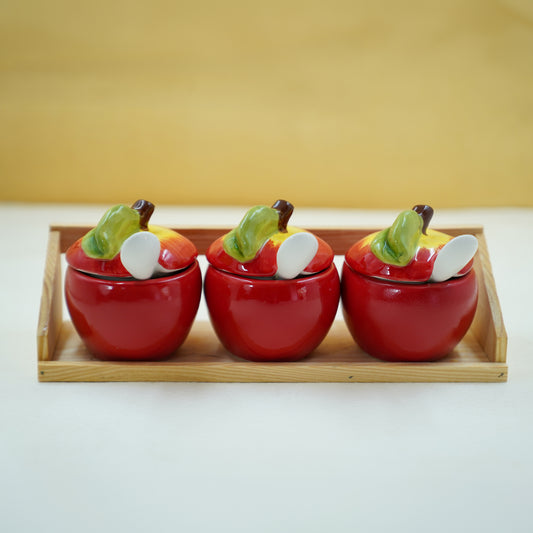THD041 Apple-Shaped Ceramic Sauce & Pickle Jar Set with Tray (Set of 3)