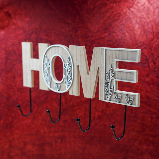 THD098 Wooden “HOME” Wall Hook Rack – Decorative Key & Utility Holder