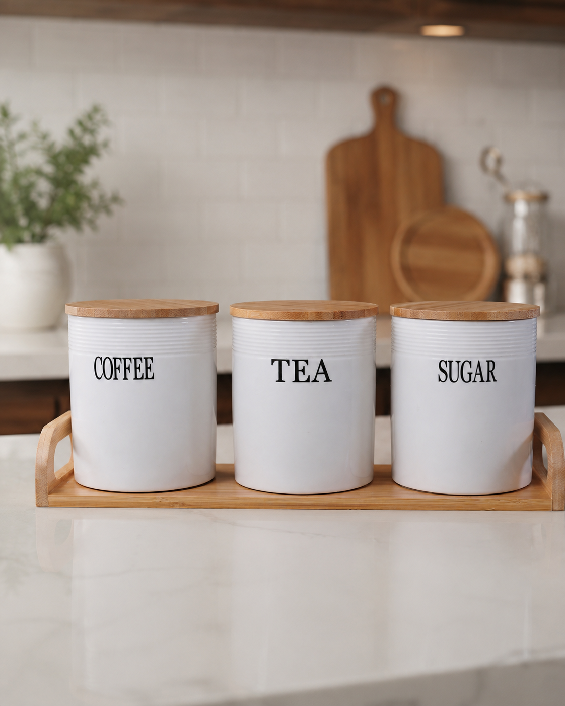 DD-143 Ceramic Tea Coffee Sugar Canister Set with Wooden Tray