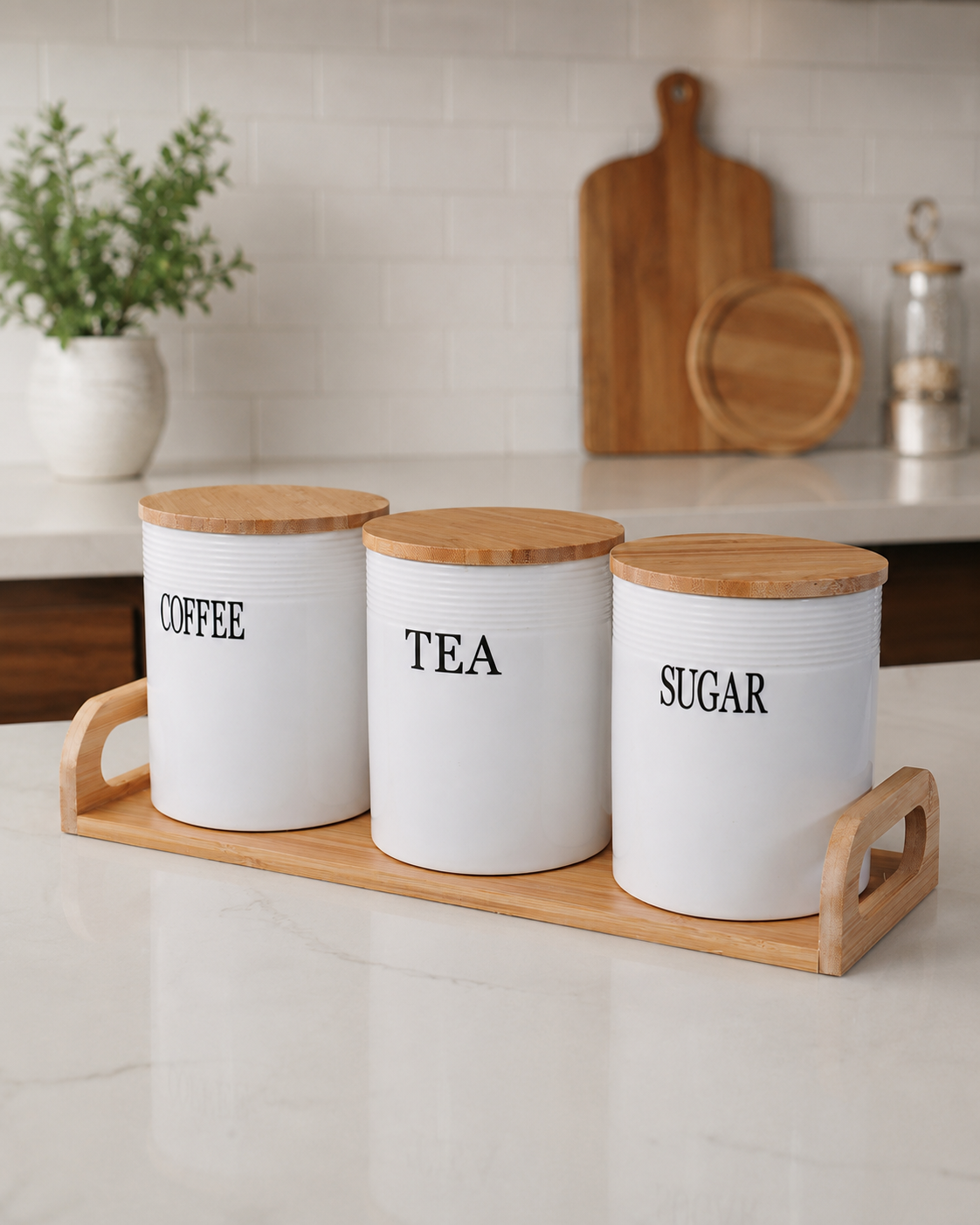 DD-143 Ceramic Tea Coffee Sugar Canister Set with Wooden Tray