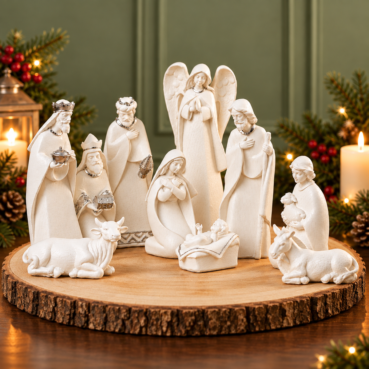 THD723 White & Silver Nativity Crib Set with Natural Wooden Log Base – 10 Pieces