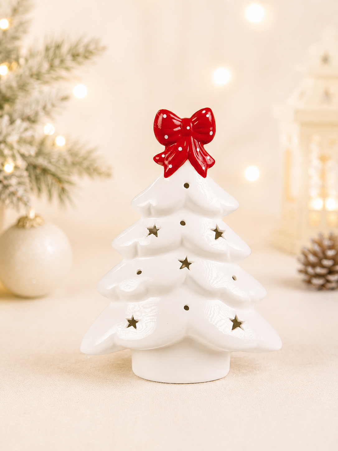 THD824 Glowing Ceramic Christmas Tree with Red Bow & Star Cutouts