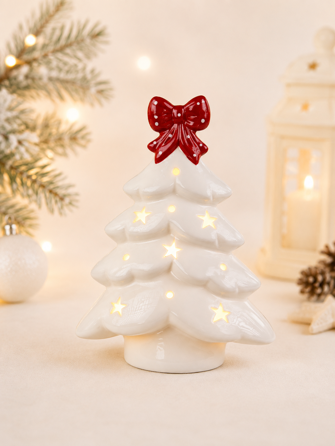 THD824 Glowing Ceramic Christmas Tree with Red Bow & Star Cutouts
