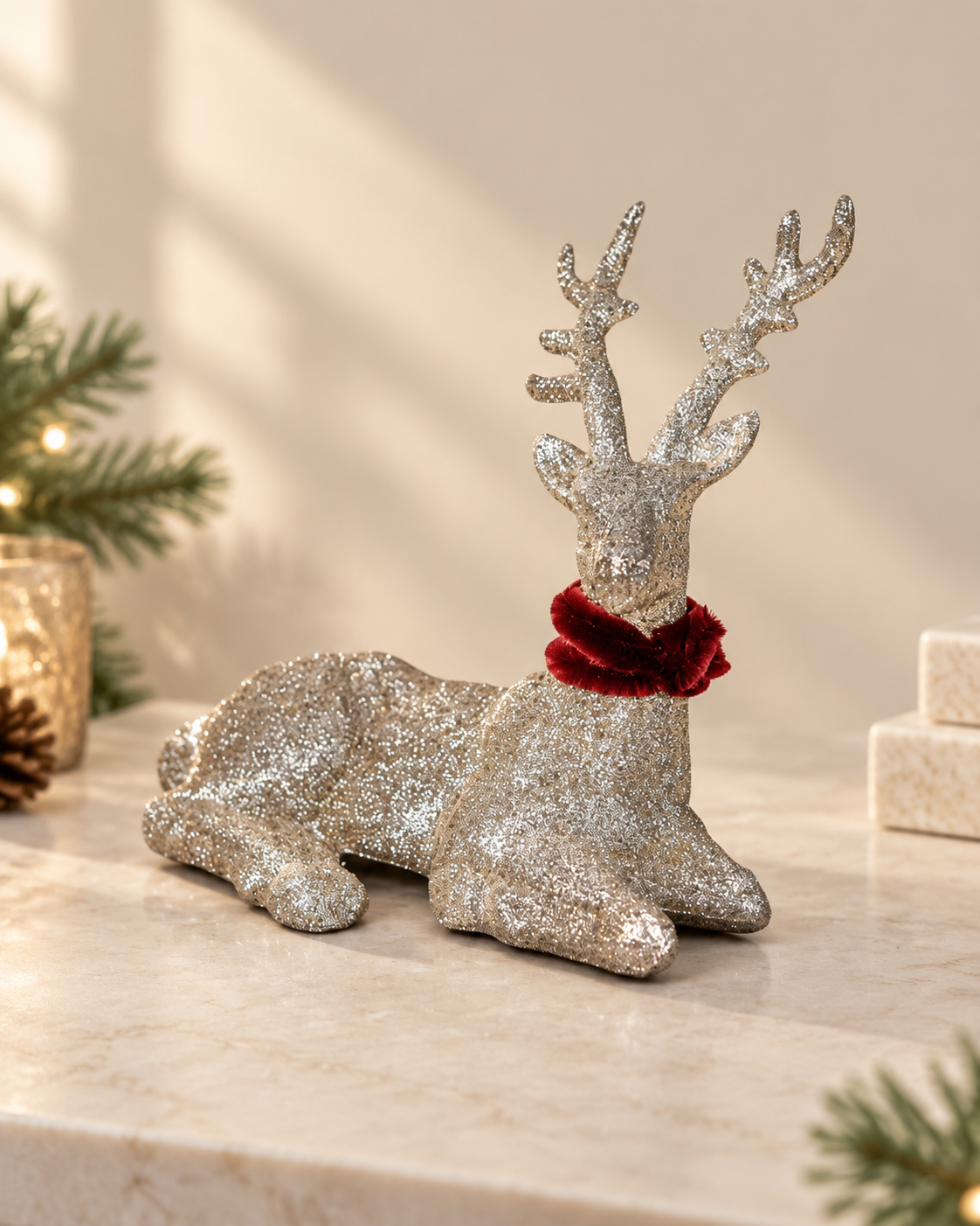 THD754 Champagne Glitter Reindeer Table Top Christmas Decoration