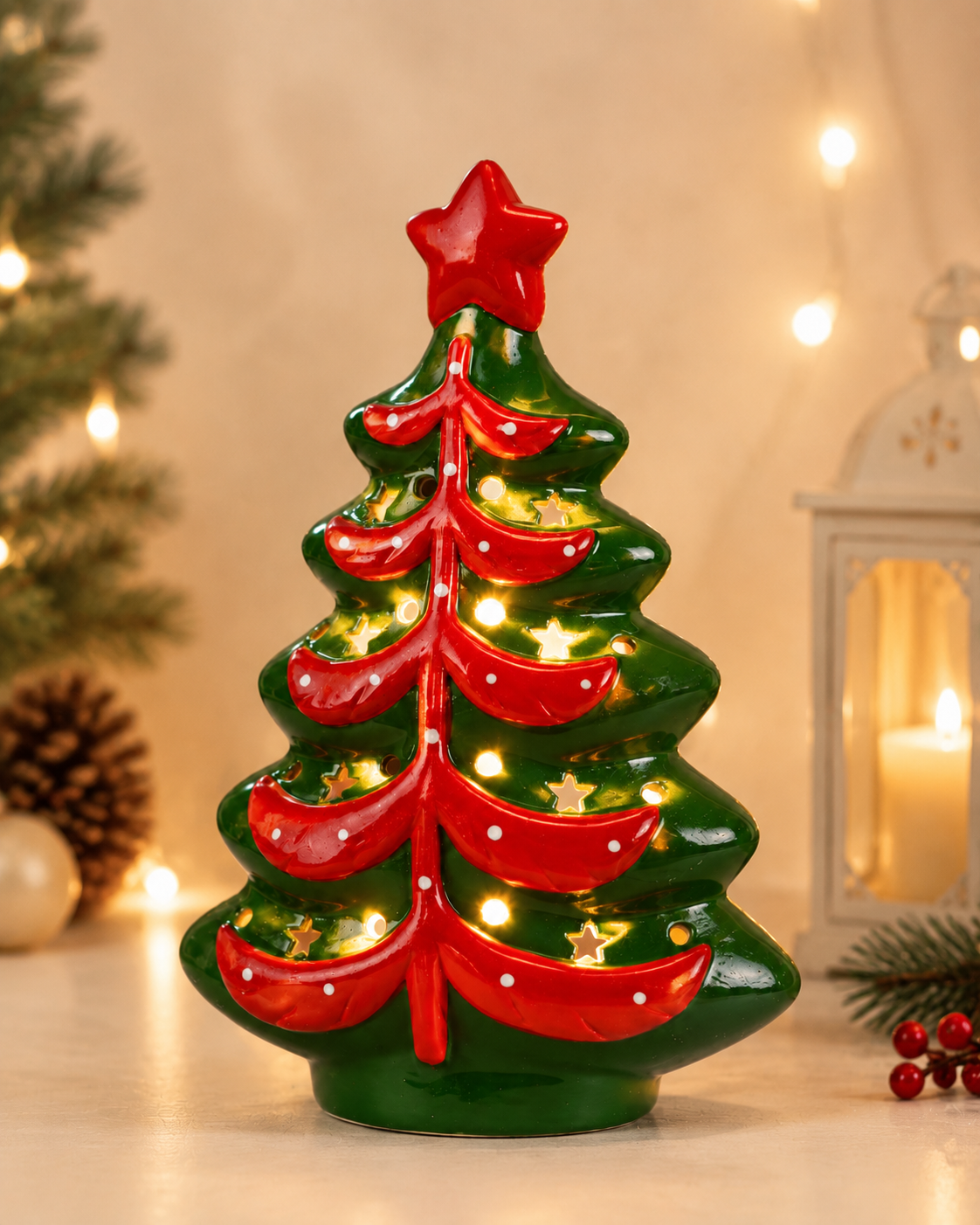 THD825 Light-Up Ceramic Christmas Tree with Red Bows & Star Cutouts